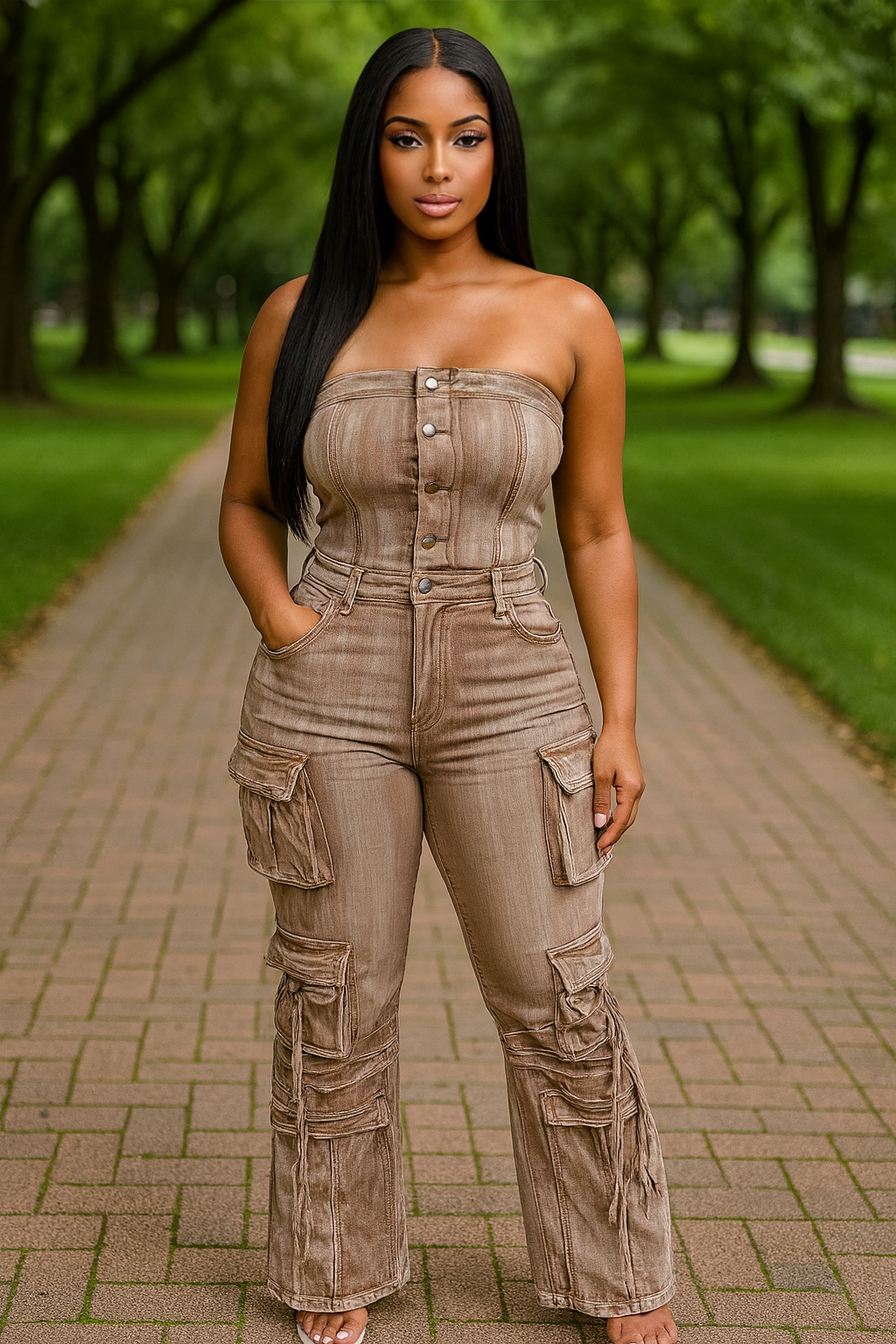 Acid Wash Cargo Jumpsuit Mocha