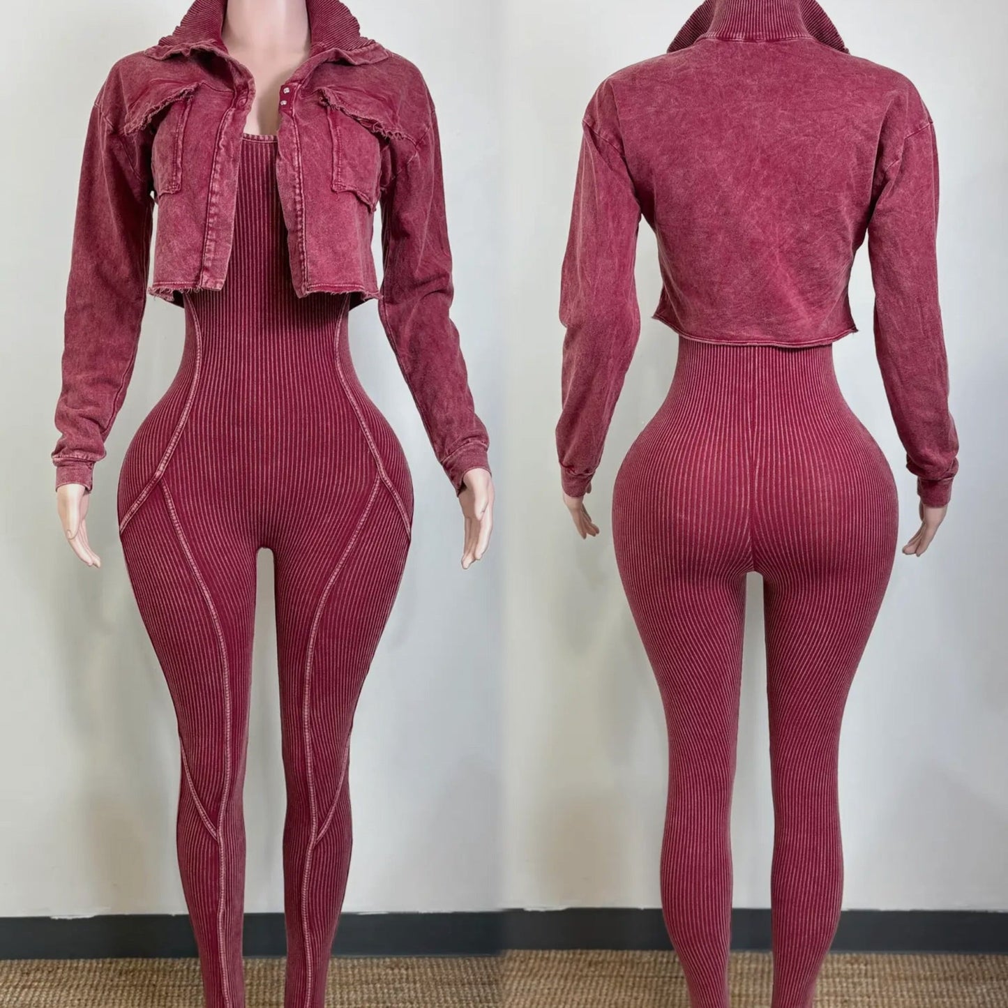 Ribbed Jacket Jumpsuit Set Wine