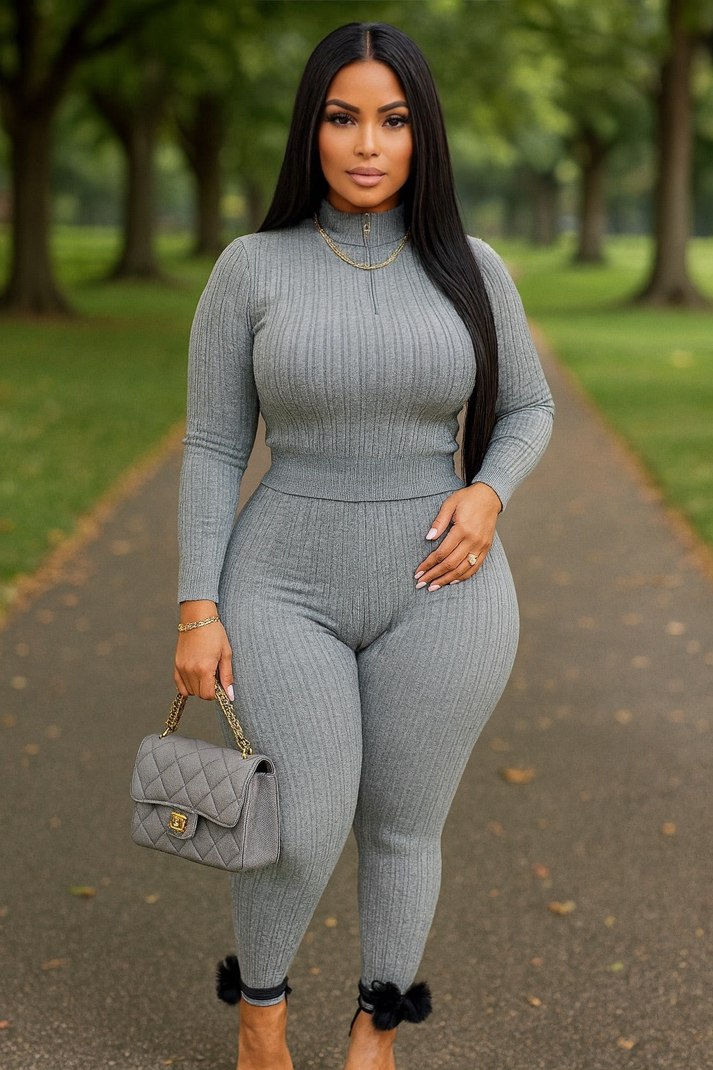 Knit Ribbed Set Gray