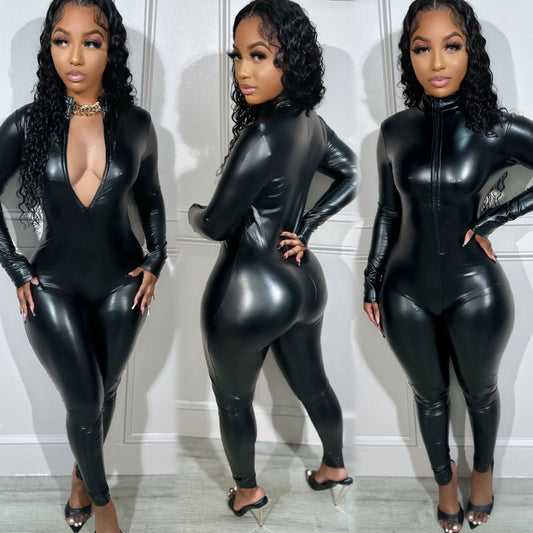 Leatherette Jumpsuit Black