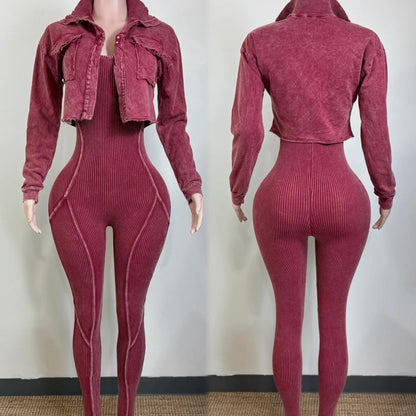 Ribbed Jacket Jumpsuit Set Wine