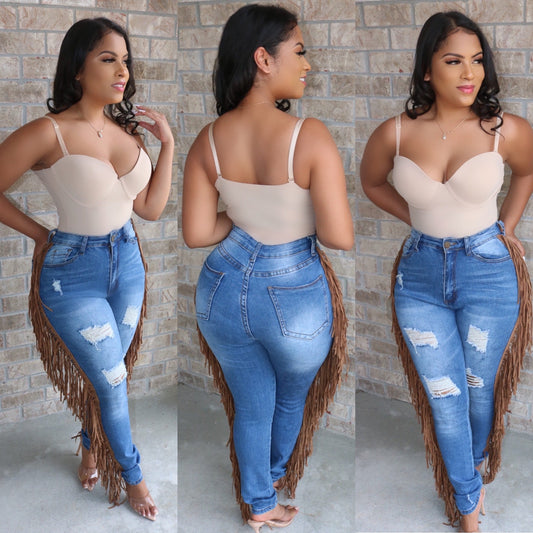 Distressed Fringe High Waist Jeans